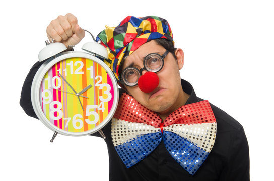 Funny clown with clock isolated on white