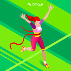 Running Winning Woman Athletics 2016 Summer Games Icon Set.Win Concept.3D Isometric Win Runner Athlete.Sport of Athletics Sporting Competition.Sport Infographic Track Field Vector Illustration