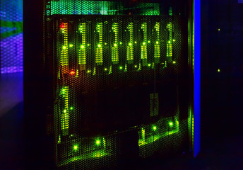 futuristic look of the room with the mainframe in the data center. server room.