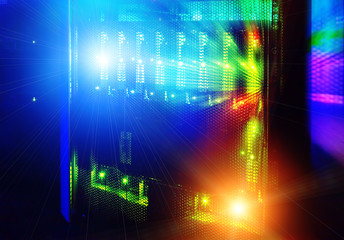 futuristic look of the room with the mainframe in the data center. server room.