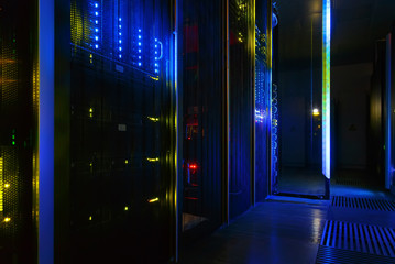 futuristic look of the room with the mainframe in the data center. server room.