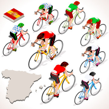 Spain racing cyclist group riding bicycle path. Vector cyclist icon. Cyclist icons. Flat 3D isometric Espana Flag people set of vector cyclist and bicycle icons. Isometric vuelta bicycle race Cycling.