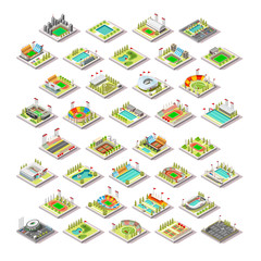 Sport Facility Building Set.Miniature 3D Isometric City Map Sport Park Buildings Infographic Elements.Stadium Arena Field Pool Green Track Camp Court Structures. Summer Games Sport Vector Illustration - 112151116