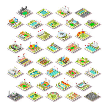 Sport Facility Building Set.Miniature 3D Isometric City Map Sport Park Buildings Infographic Elements.Stadium Arena Field Pool Green Track Camp Court Structures. Summer Games Sport Vector Illustration