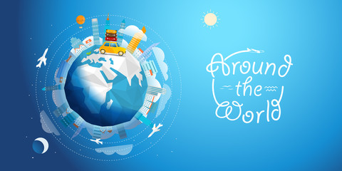 Vacation travelling concept. Vector travel illustration with dif