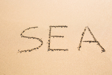 word SEA on the sand