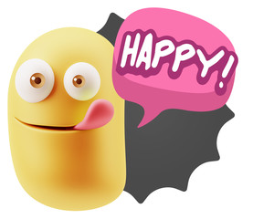 3d Rendering Smile Character Emoticon Expression saying Happy wi