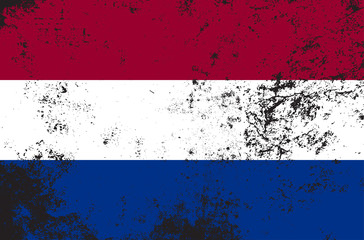 Vector grunge style Kingdom of the Netherlands state flag. Shabby design of dutch flag. Symbol with three horizontal stripes. Independence day, holiday, web site button. template, add text