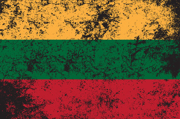 Vector grunge style Republic of Lithuania state flag. Shabby design of lithuanian flag. Symbol with three horizontal stripes. Black day, mourning. Independence day, holiday, web site button. add text