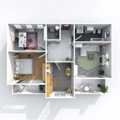 3d interior rendering plan view of furnished home apartment with two balconies