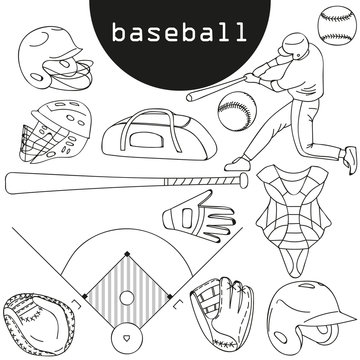 baseball, helmet, ball, bag, glove, bat, base, field, baseball player. Vector