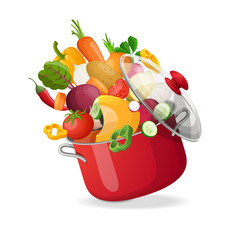 Fresh vegetables flying in a pot on an isolated white background. Vector illustration.