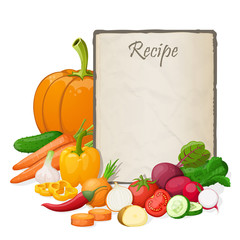 Recipe card. Kitchen note blank template vector illustration. Cooking notepad on table with and vegetables