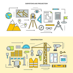 Pre-construction survey, building design and construction. Building stages. Vector icon