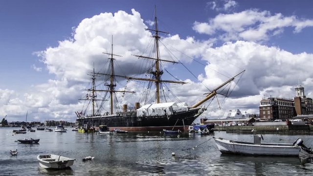 Time lapse view of an historic Victorian armoured frigate battleship in Portsmouth harbour