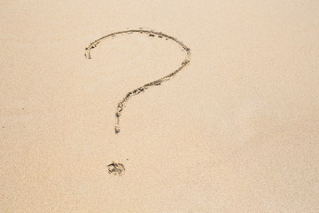 question mark drawn on the sand of a beach