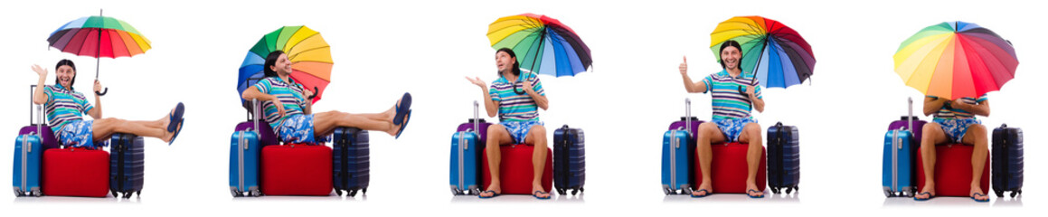 Traveler with red case  and umbrella isolated on white