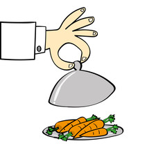 Hand of a chef lifting the lid on a silver food serving dish to reveal a pile of carrots as part of your healthy diet 
