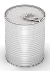 Tin can. Steel tin can without label on a white surface. Isolated. 3D Illustration