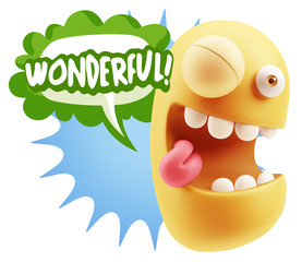 3d Rendering Smile Character Emoticon Expression saying Wonderfu