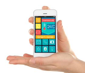 Smart home app installing on phone in hands. Smart home control concept.