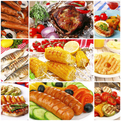 Collage of grilled food, close up