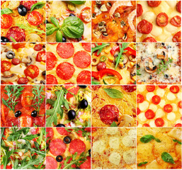 Different pizza's closeup in collage