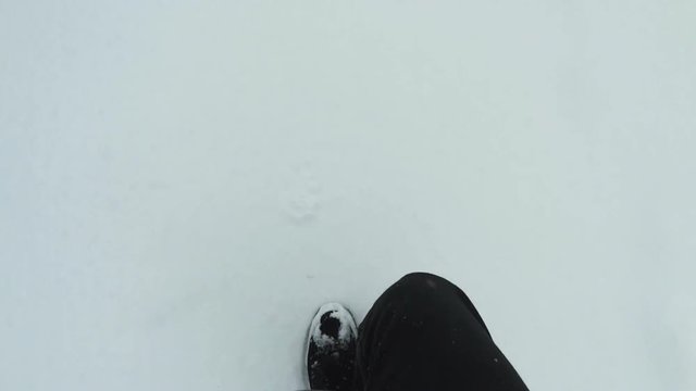 Point of view of feets walking on snow.