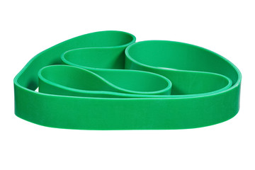 Twisted green rubber wrist band isolated on white.