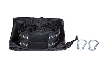 Two hammock tree straps wich two carabiners on white.