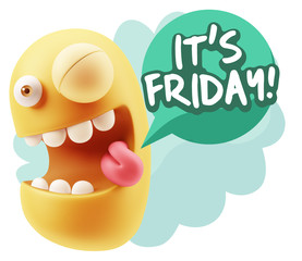 3d Rendering Smile Character Emoticon Expression saying It's Fri