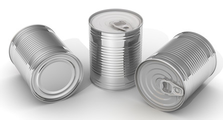 Tin cans. Three tin cans without label on a white surface. Isolated. 3D Illustration