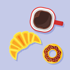 Cup of coffee with donut and croissant. Top view. Flat style vector illustration.