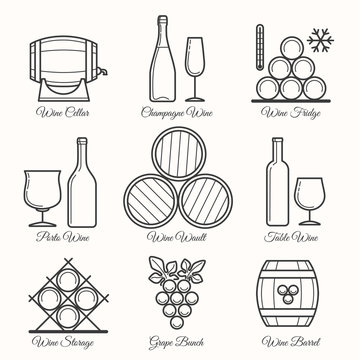 Wine line icons. Winemaking process and wine drinking thin line signs. Vector illustration