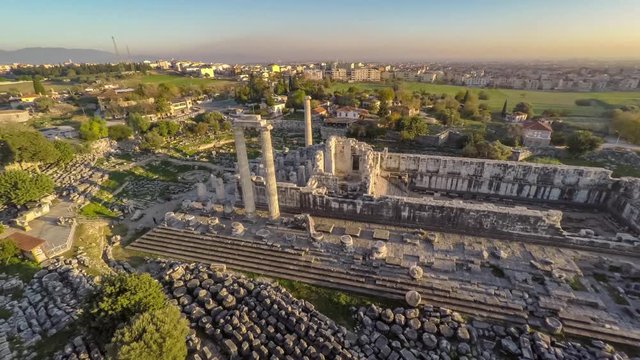 Flight over the Apollo Temple area, Didim, Turkey, aerial, 4k.