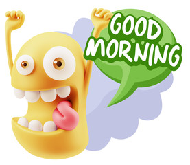 3d Rendering Smile Character Emoticon Expression saying Good Mor