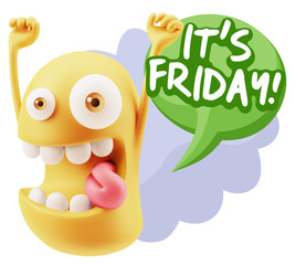 3d Rendering Smile Character Emoticon Expression saying It's Fri