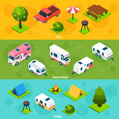 Naklejka premium Camping And Travel Isometric Horizontal Banners