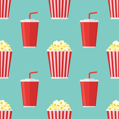 Seamless pattern with popcorn and soda takeaway on teal background. Vector texture. - obrazy, fototapety, plakaty