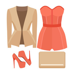 Set of trendy women's clothes with overall, jacket and accessories. Vector illustration