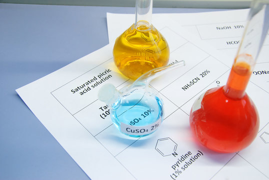 Three flasks with saturated picric acid solution (yellow), coppe