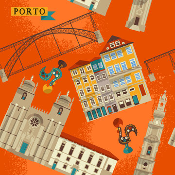 Sights of Porto. Portugal, Europe. Seamless background pattern.