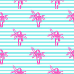 Palm trees seamless vector pattern. Tropical beach summer pink palms pattern on blue stripes for textile fabric, cards background and scrapbooking.