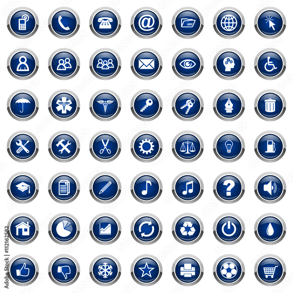 Leinwandbilder web vector icons set. blue round glossy metallic buttons on white background