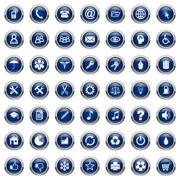 Web vector icons set. Blue round glossy metallic buttons on white background