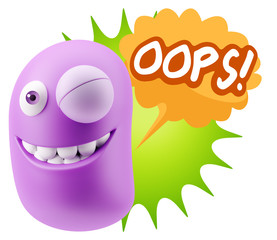 3d Rendering Smile Character Emoticon Expression saying Oops wit
