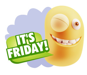 3d Rendering Smile Character Emoticon Expression saying It's Fri