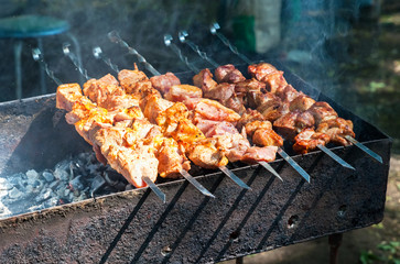 Appetizing hot shish kebab on metal skewers