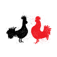 Fototapeta na wymiar Two red and black roosters are looking at each other. Happy new year 2017 zodiac. Greeting card. Imitation of hand drawing or painting of roosters silhouette with Chinese calligraphy ink.