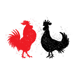 Two red and black roosters are looking at each other. Happy new year 2017 zodiac. Greeting card. Imitation of hand drawing or painting of roosters silhouette with Chinese calligraphy ink.